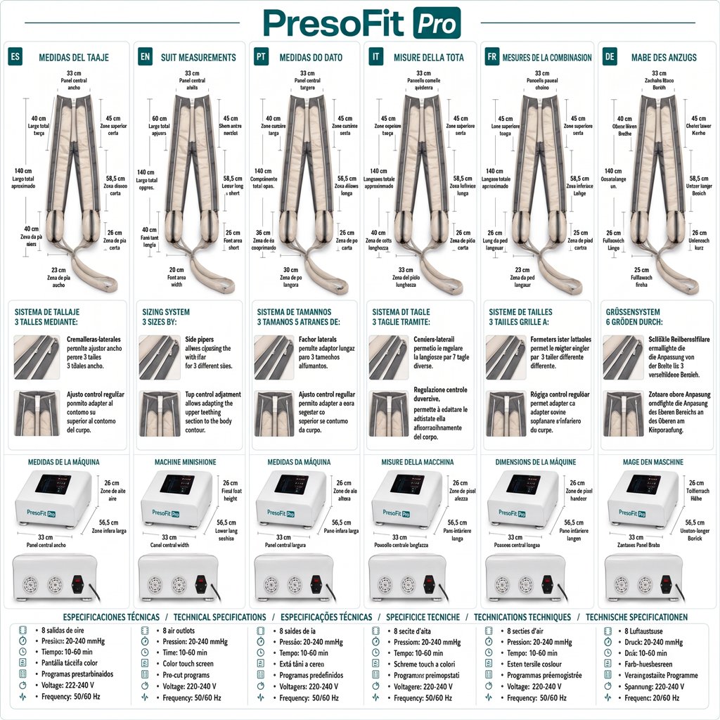 PresoFit Pro equipo de presoterapia profesional con traje corporal ajustable y 8 programas