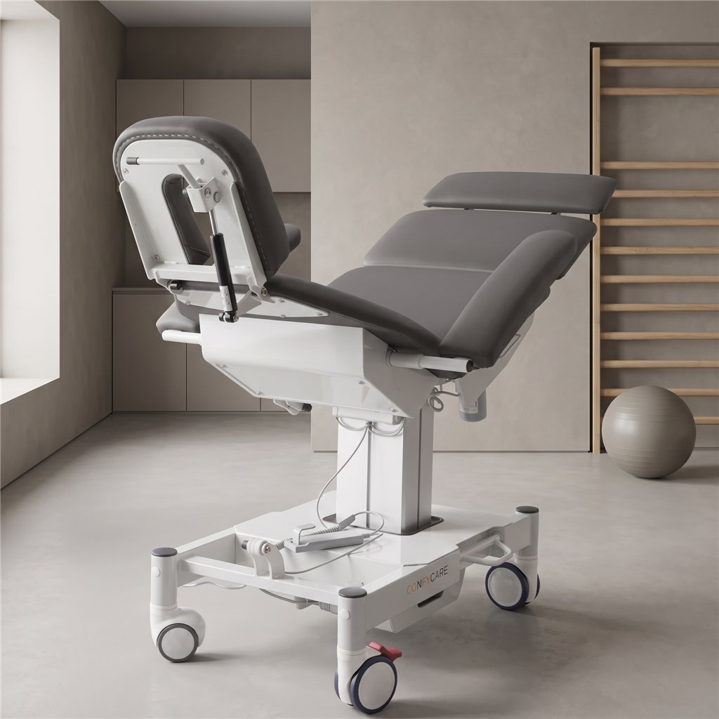 Sillón médico ENT eléctrico 4 motores – base blanca, tapizado gris