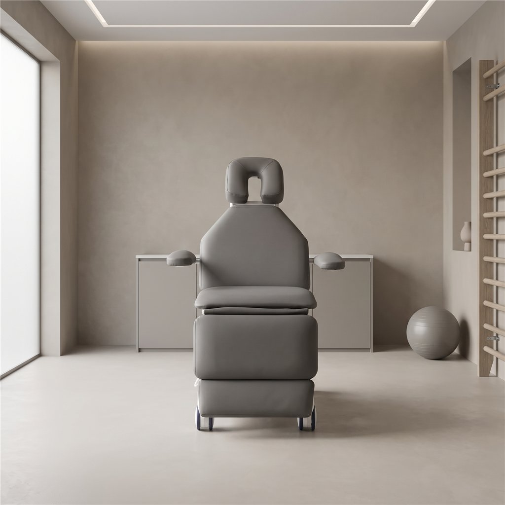 Sillón médico ENT eléctrico 4 motores – base blanca, tapizado gris