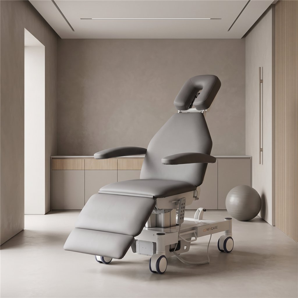 Sillón médico ENT eléctrico 4 motores – base blanca, tapizado gris