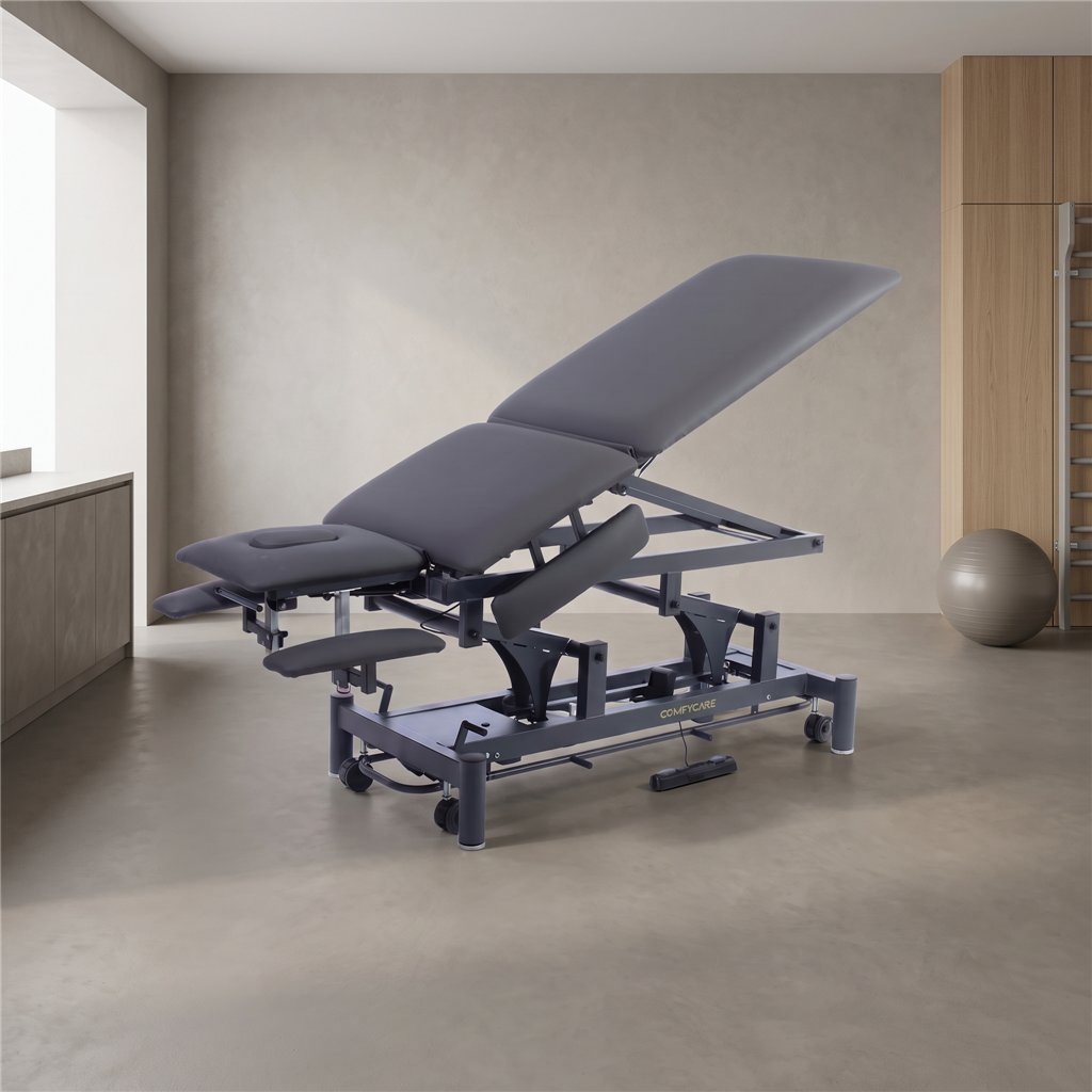 Camilla eléctrica de fisioterapia 7 secciones GALLEY 2 motores – base gris, tapizado gris