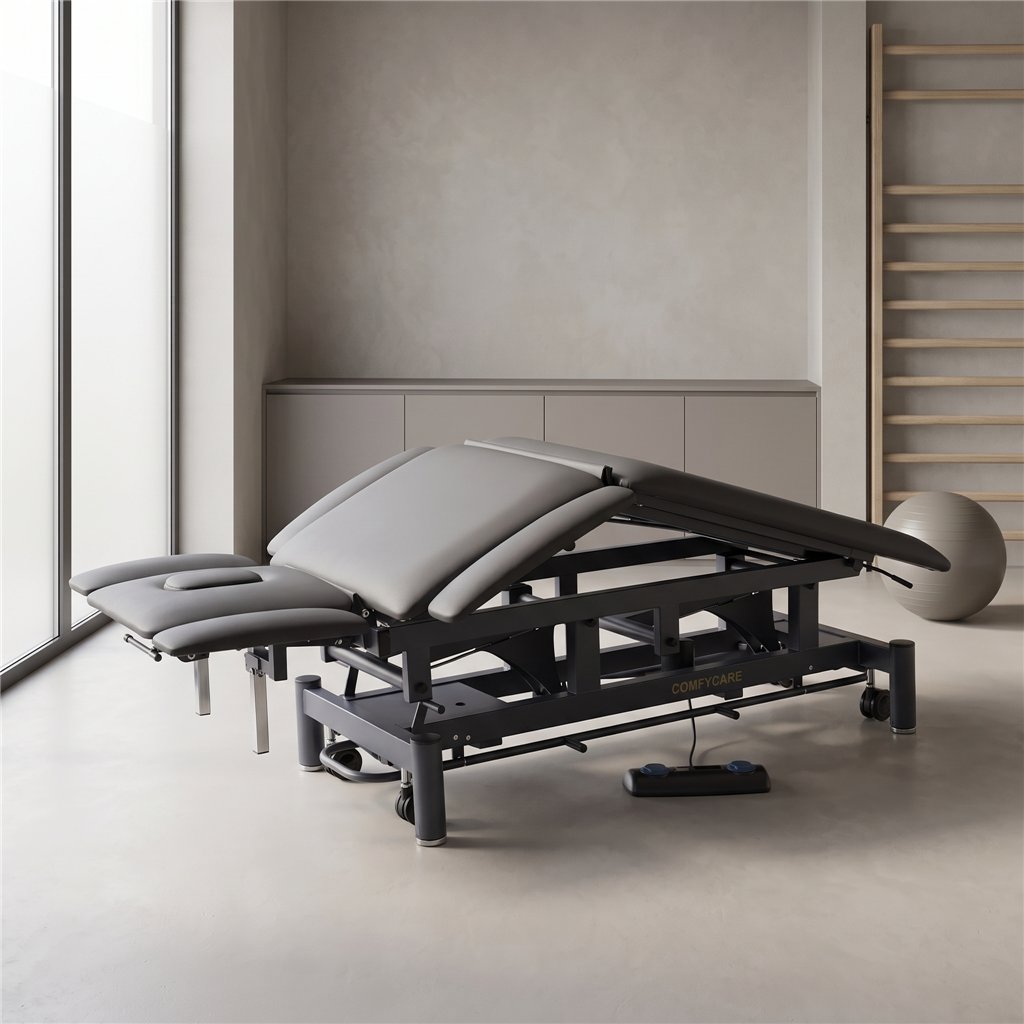 Camilla eléctrica de fisioterapia 7 secciones GALLEY 2 motores – base gris, tapizado gris