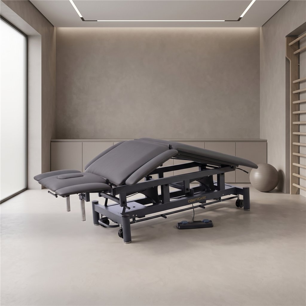 Camilla eléctrica de fisioterapia 7 secciones GALLEY 2 motores – base gris, tapizado gris