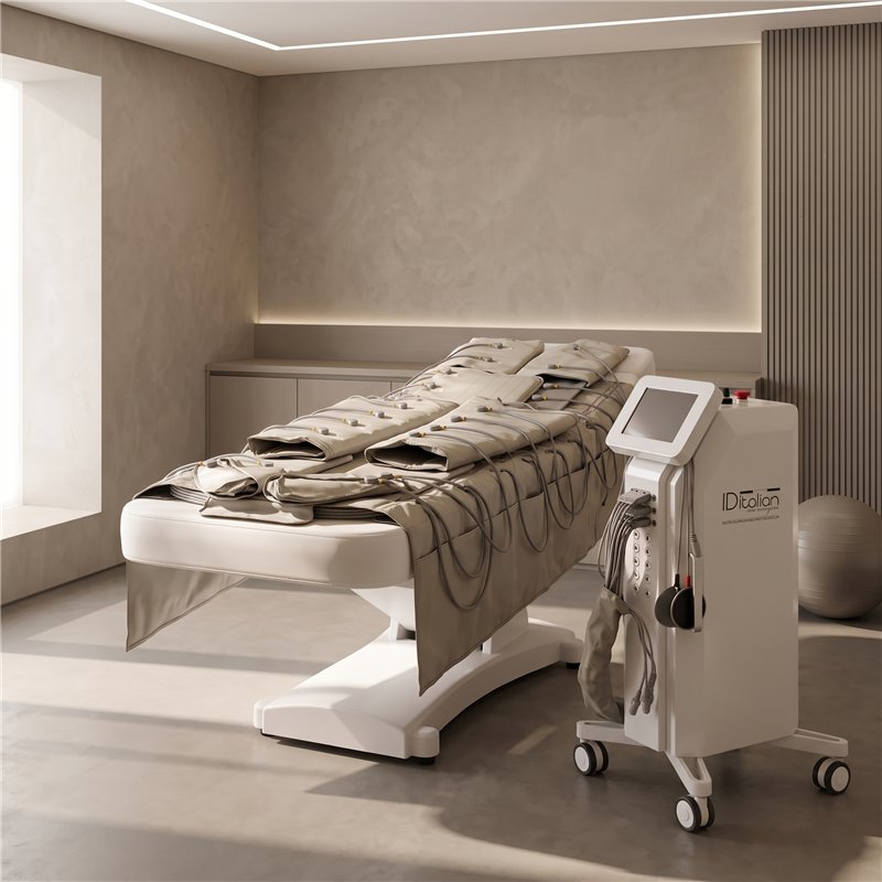 Conjunto de presoterapia preparado en una camilla de estética