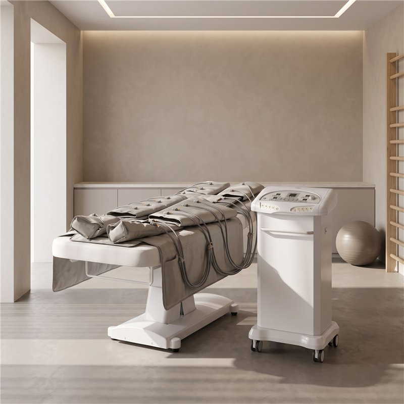 i-Medstetic pressotherapy equipment installed beside a treatment bed