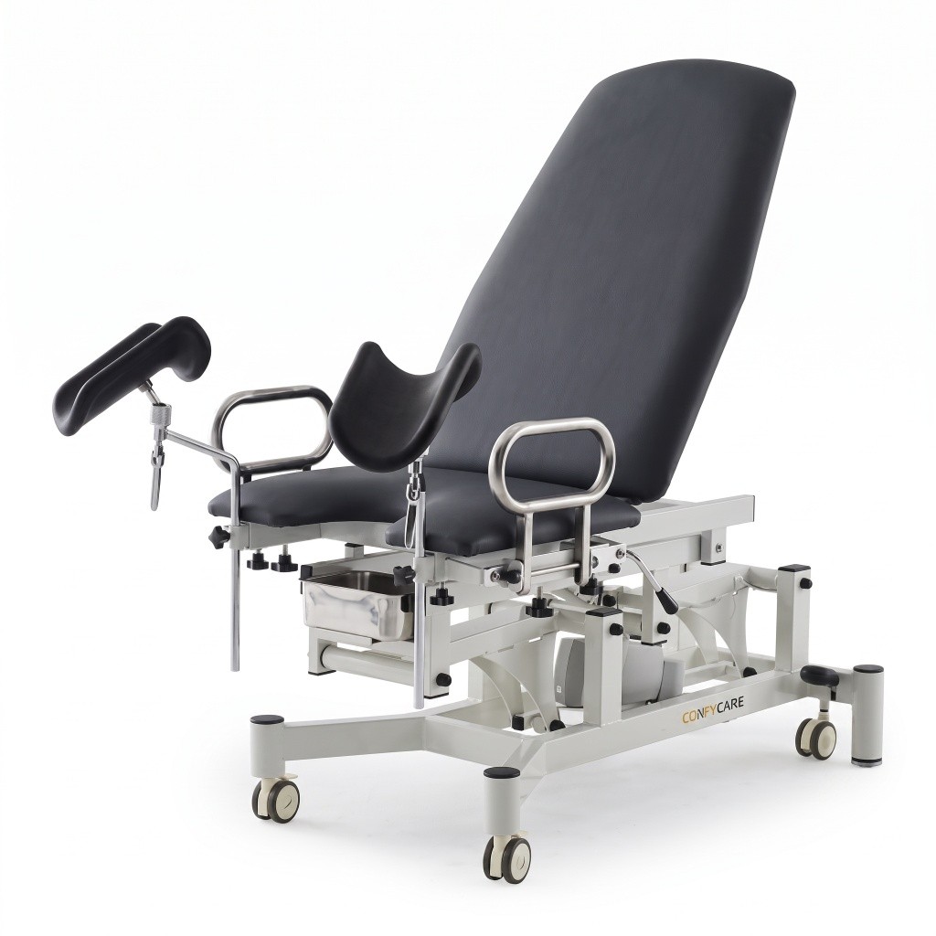 Sillón ginecológico eléctrico OB 2 motores – base blanca, tapizado gris
