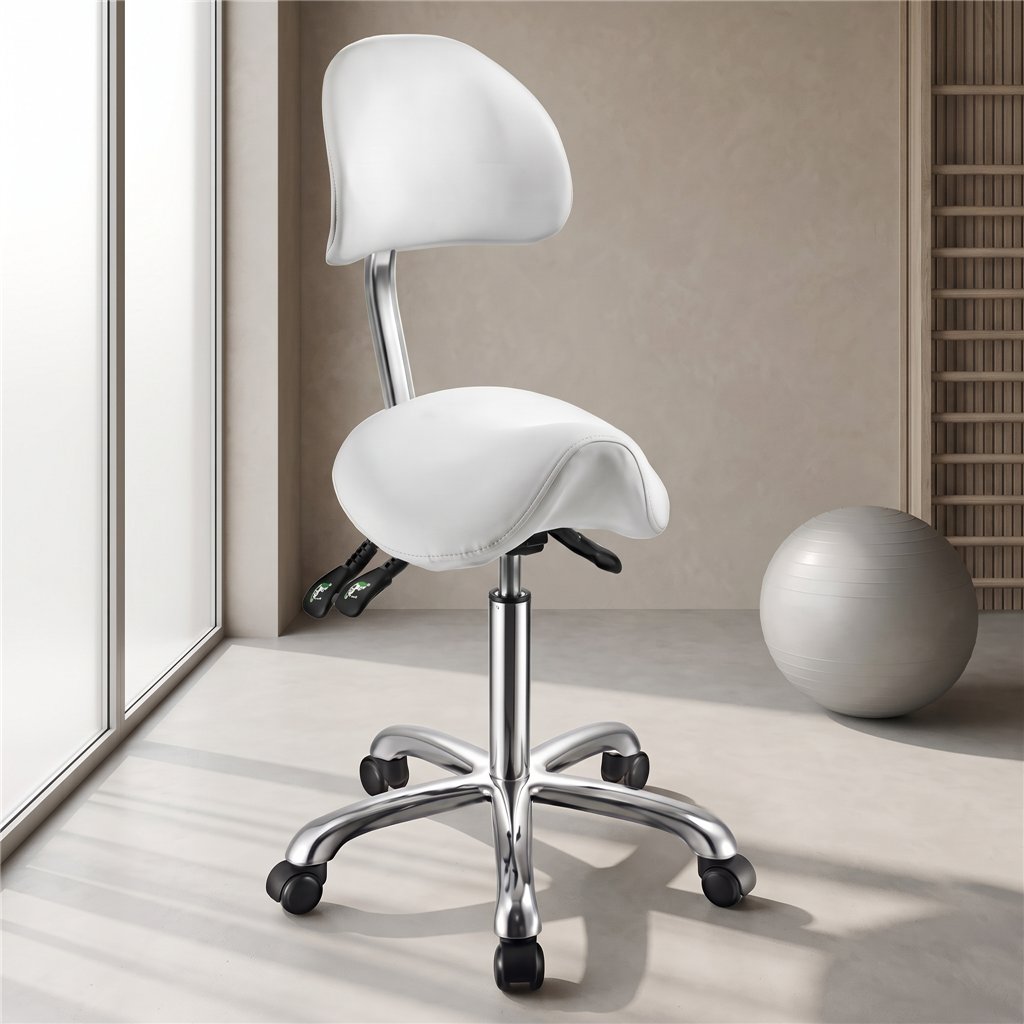 Sgabello ergonomico con schienale, seduta a sella in PU bianco, altezza regolabile 62-78 cm, base cromata - Weelko