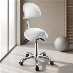 Sgabello ergonomico con schienale, seduta a sella in PU bianco, altezza regolabile 62-78 cm, base cromata - Weelko