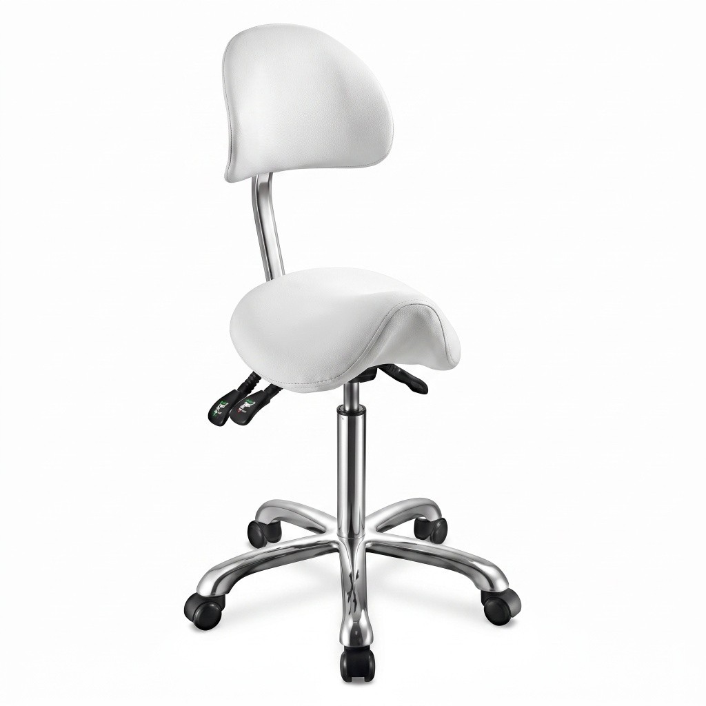 Sgabello ergonomico con schienale, seduta a sella in PU bianco, altezza regolabile 62-78 cm, base cromata - Weelko