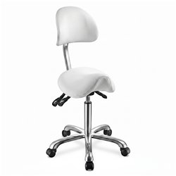 Sgabello ergonomico con schienale, seduta a sella in PU bianco, altezza regolabile 62-78 cm, base cromata - Weelko