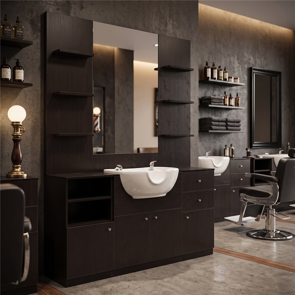 I-Medstetic Modern Barber Shop Styling Station with Shampoo Sink and Storage