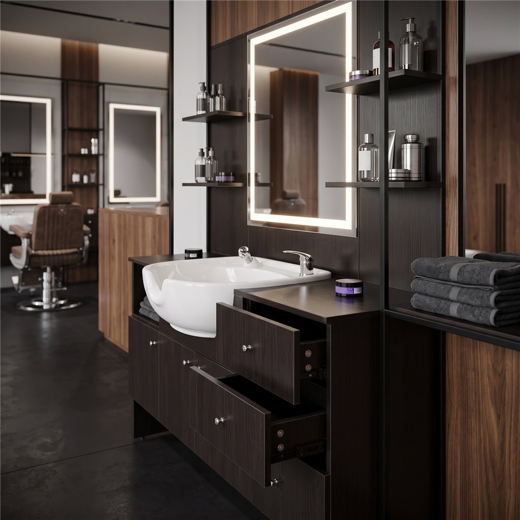 I-Medstetic Modern Barber Shop Styling Station with Shampoo Sink and Storage
