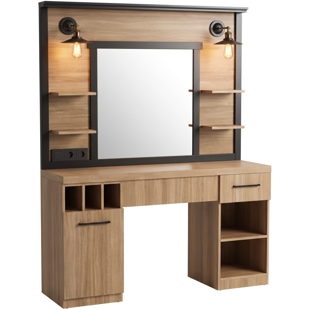 Toucador de barbearia MUDI FOLK OAK com espelho e iluminação