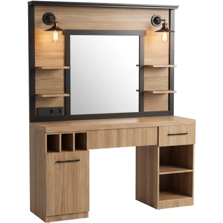 Toucador de barbearia MUDI FOLK OAK com espelho e iluminação