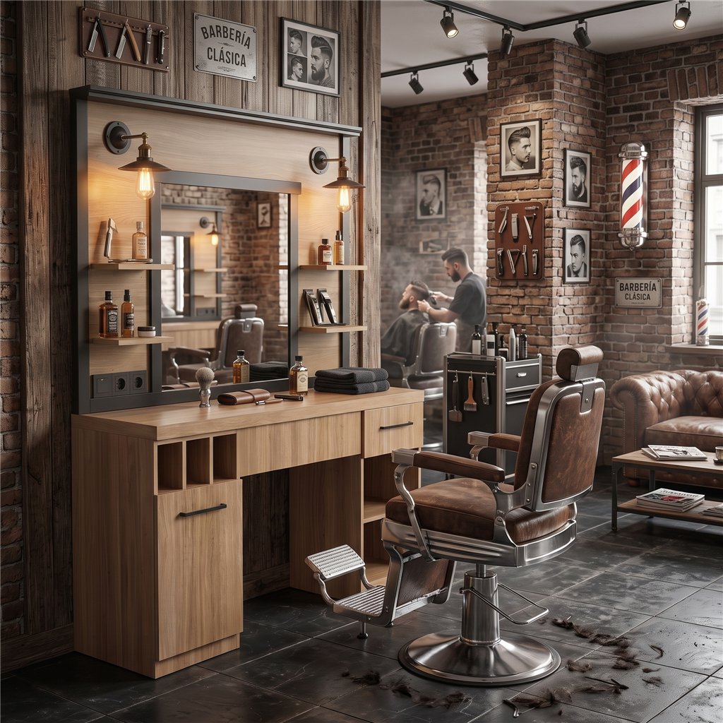 Toucador de barbearia MUDI FOLK OAK com espelho e iluminação