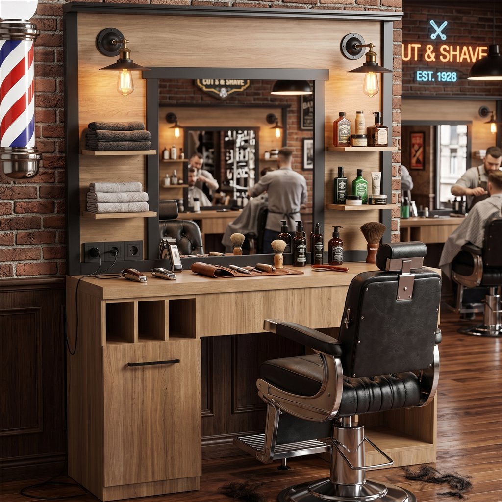 Toucador de barbearia MUDI FOLK OAK com espelho e iluminação