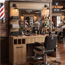 Tocador de barbería MUDI FOLK OAK con espejo e iluminación