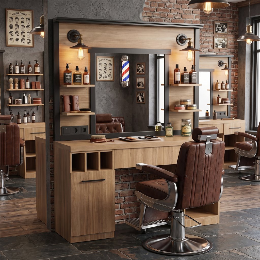 Tocador de barbería MUDI FOLK OAK con espejo e iluminación