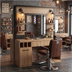 Tocador de barbería MUDI FOLK OAK con espejo e iluminación