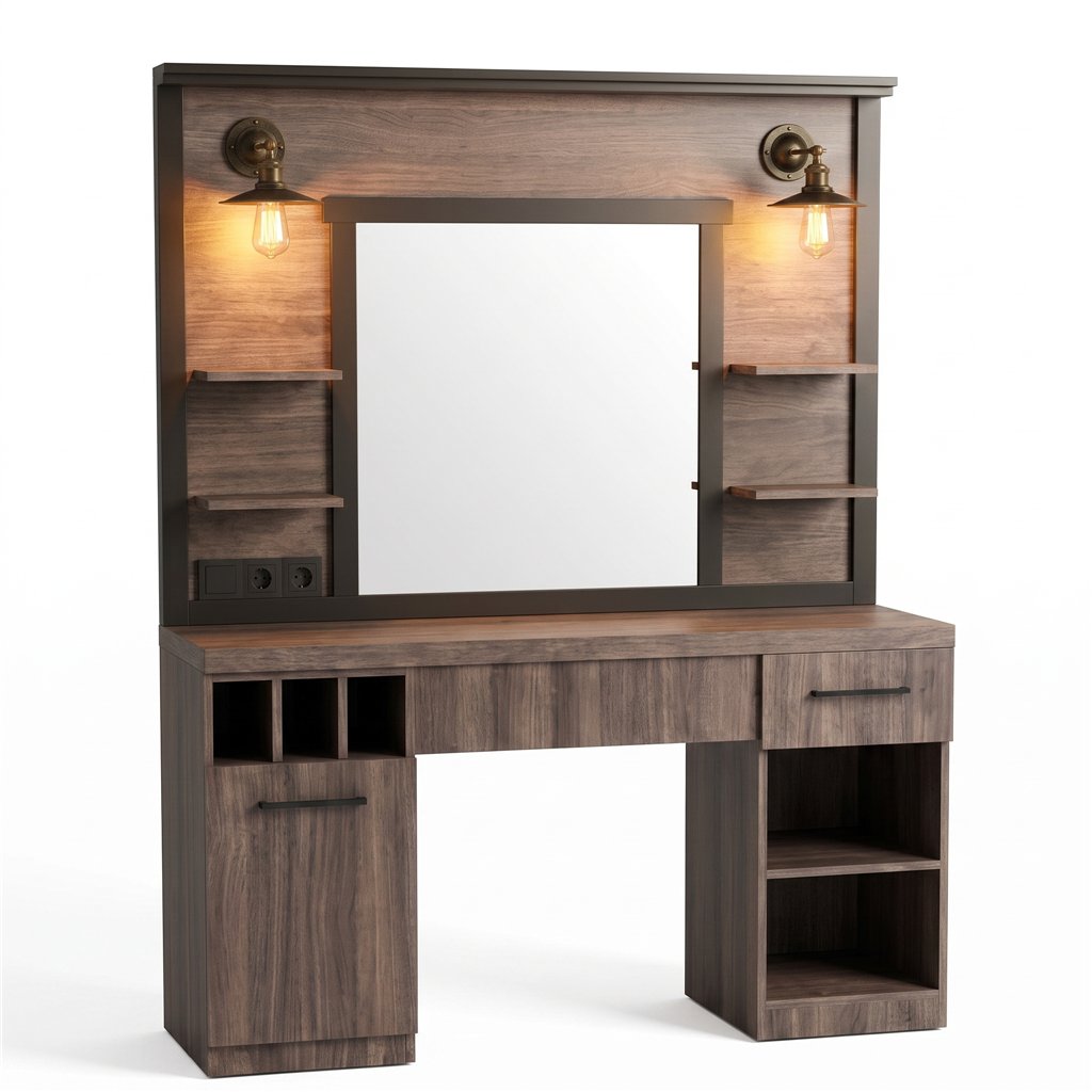 Coiffeuse de barbier MUDI FOLK DARK avec miroir et éclairage