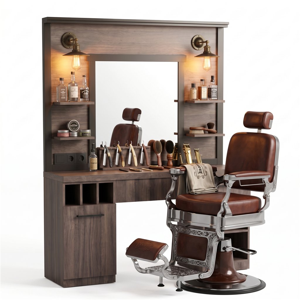 Coiffeuse de barbier MUDI FOLK DARK avec miroir et éclairage