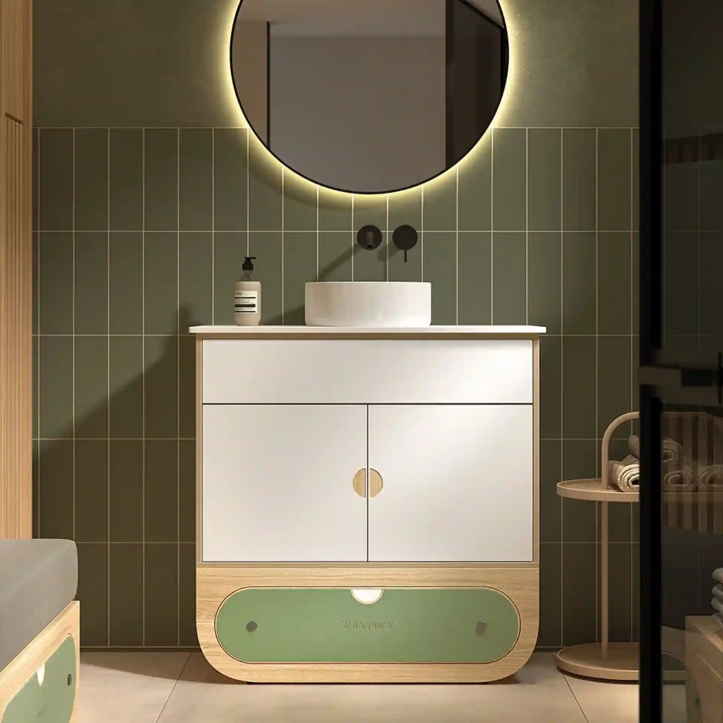 Naggura Rooms IKON Hygiene S Ceramic Oak hygiene module with ceramic sink