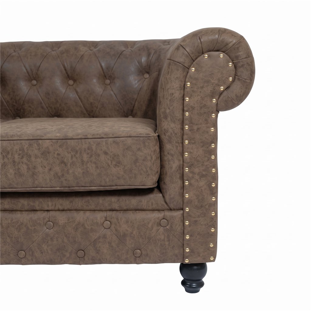 Sofá Chesterfield Repose Brown tapizado capitoné con acabado envejecido - Weelko
