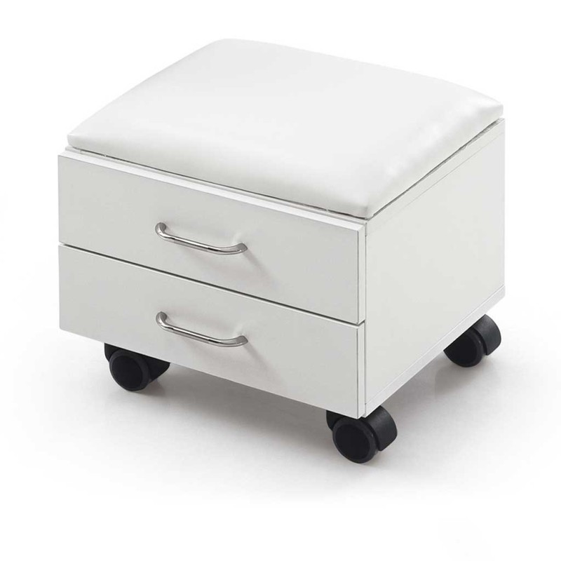 Module blanc Tendy avec assise rembourrée, deux tiroirs et roulettes