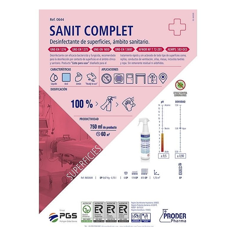 Sanit COMPLET Desinfectante de Superficies Proder para Ámbito Sanitario -Proder -Esterilizadores y desinfectantes