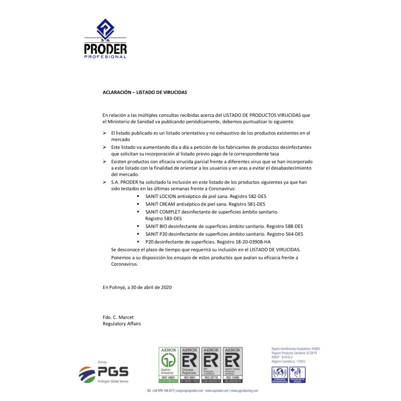 Sanit BIO Higienizante Proder para Solariums - 20 sobres de 0,05L -Proder -Esterilizadores y desinfectantes